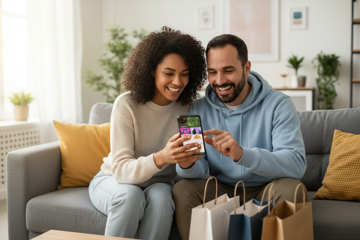 Hombre y mujer juntos feliz comprando desde su celular